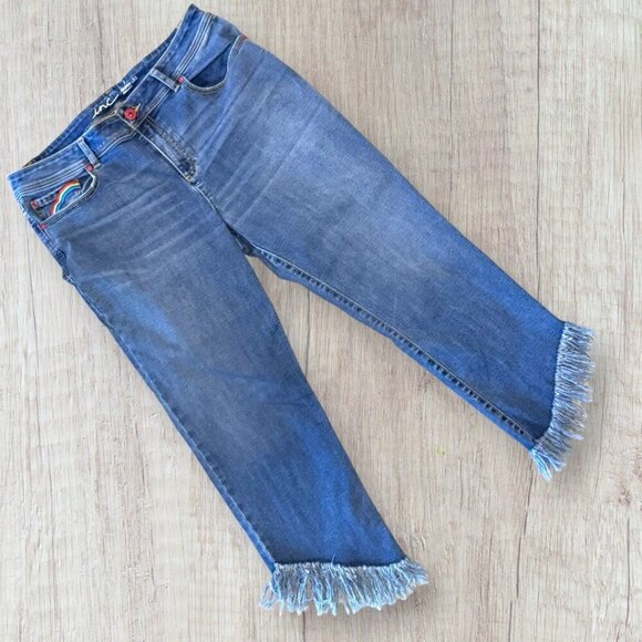 INC Rainbow LGBTQ+ Pride Skinny Embroidered Fringe Ankle Crop Jeans 16 - Picture 2 of 9
